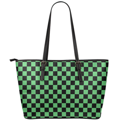 Green And Black Checkered Pattern Print Leather Tote Bag
