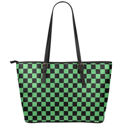 Green And Black Checkered Pattern Print Leather Tote Bag