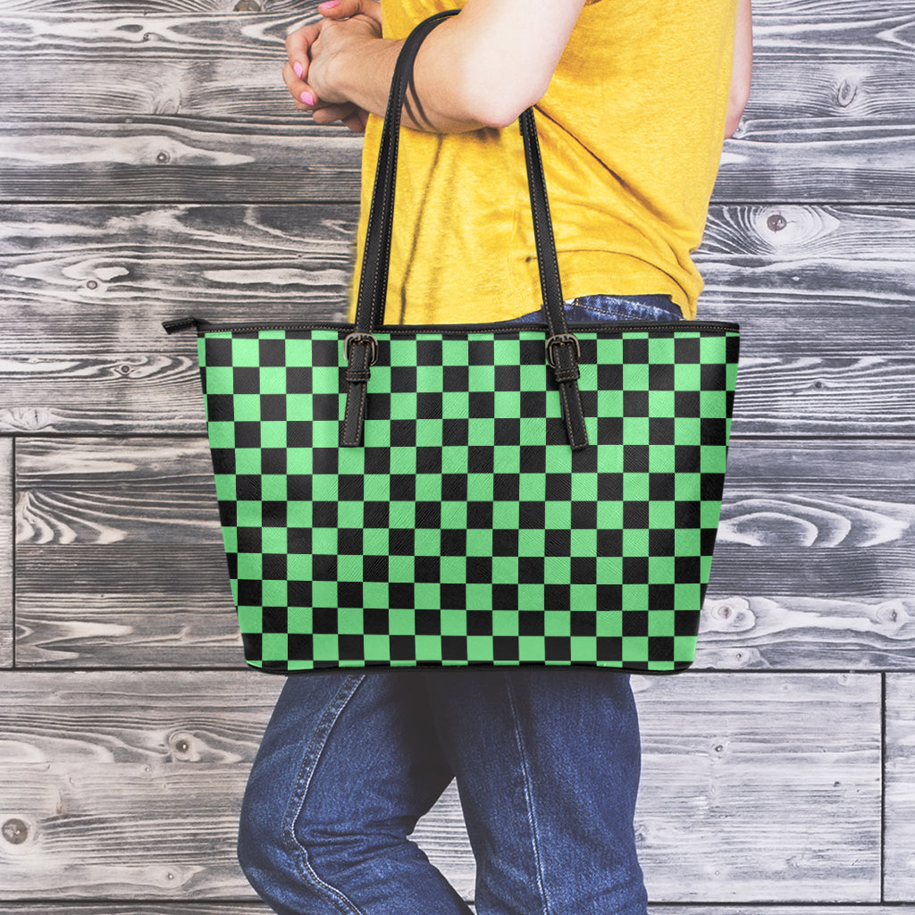 Green And Black Checkered Pattern Print Leather Tote Bag