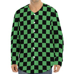 Green And Black Checkered Pattern Print Long Sleeve Baseball Jersey