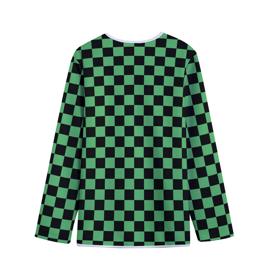 Green And Black Checkered Pattern Print Long Sleeve Short Coat
