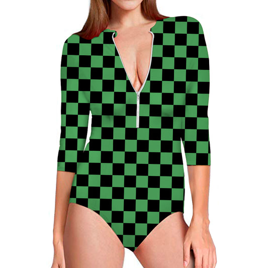 Green And Black Checkered Pattern Print Long Sleeve Swimsuit