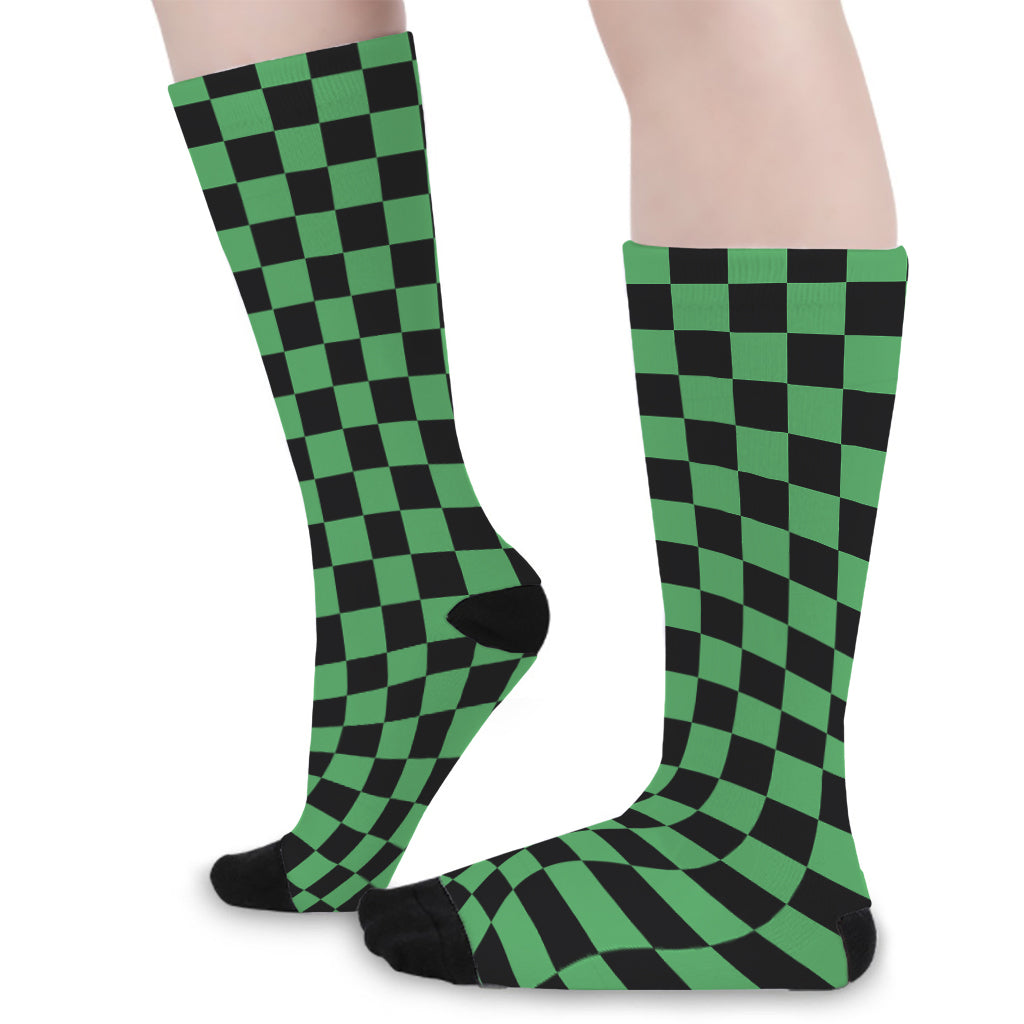 Green And Black Checkered Pattern Print Long Socks