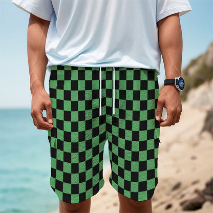 Green And Black Checkered Pattern Print Men's Cargo Shorts