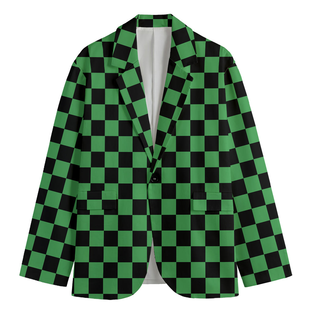 Green And Black Checkered Pattern Print Men's Cotton Blazer
