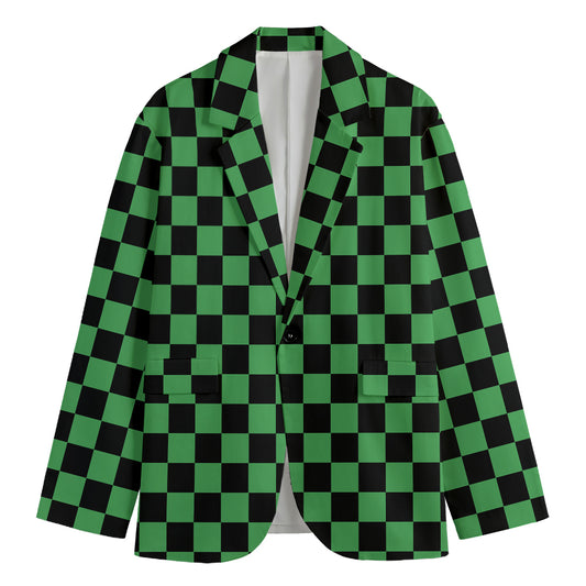 Green And Black Checkered Pattern Print Men's Cotton Blazer