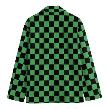Green And Black Checkered Pattern Print Men's Cotton Blazer