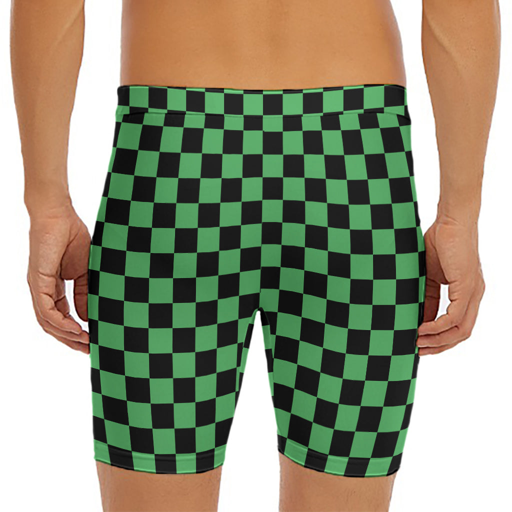 Green And Black Checkered Pattern Print Men's Long Boxer Briefs