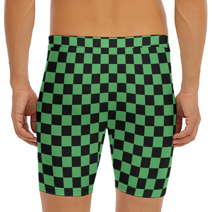 Green And Black Checkered Pattern Print Men's Long Boxer Briefs