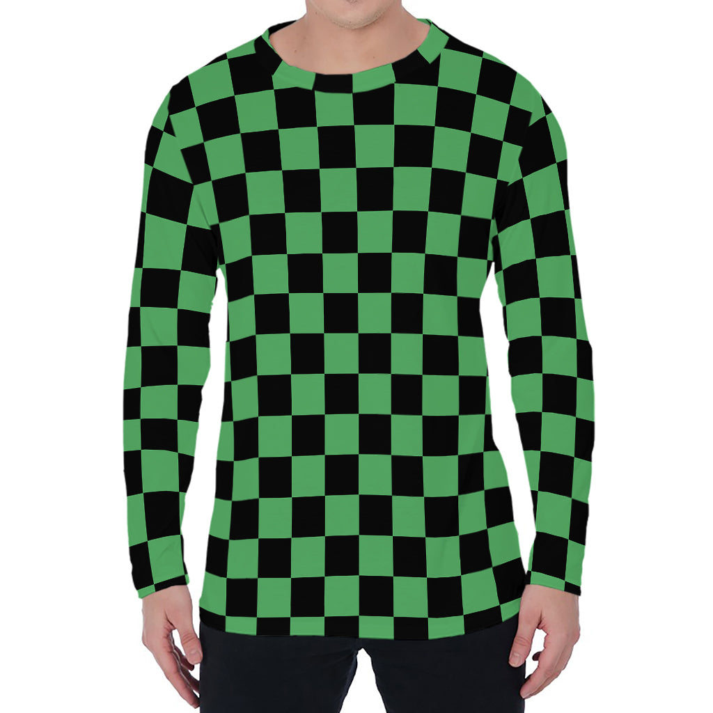 Green And Black Checkered Pattern Print Men's Long Sleeve T-Shirt