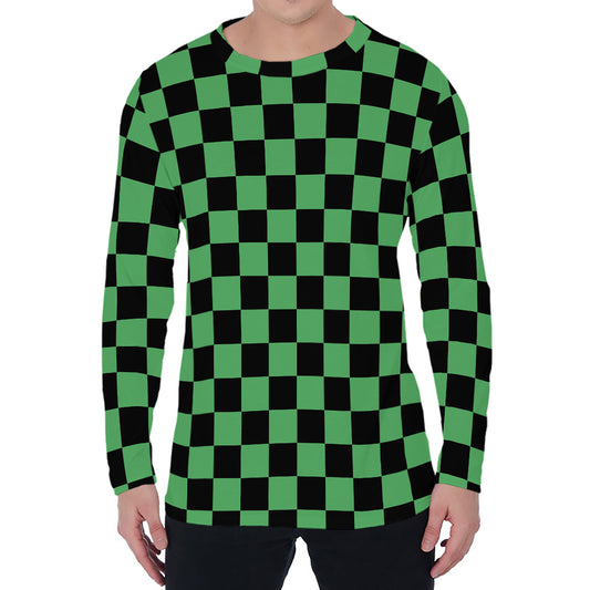 Green And Black Checkered Pattern Print Men's Long Sleeve T-Shirt