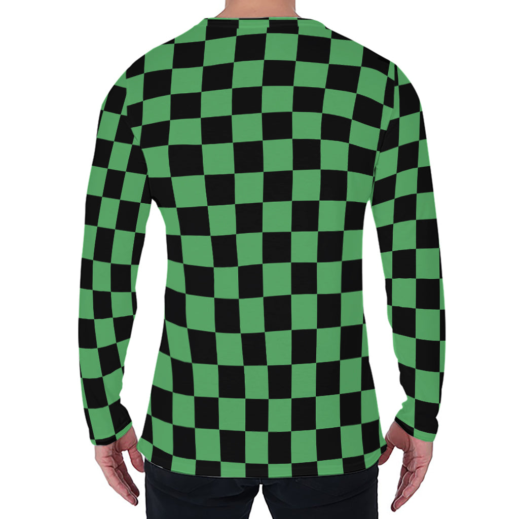 Green And Black Checkered Pattern Print Men's Long Sleeve T-Shirt