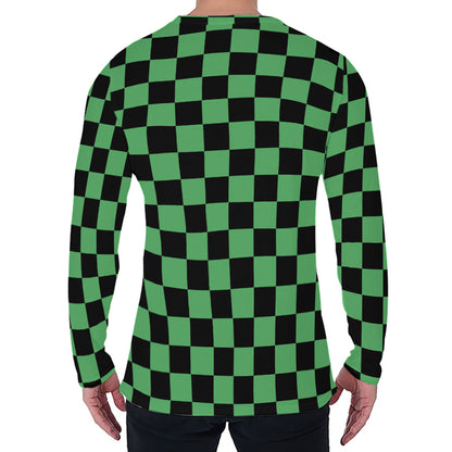 Green And Black Checkered Pattern Print Men's Long Sleeve T-Shirt