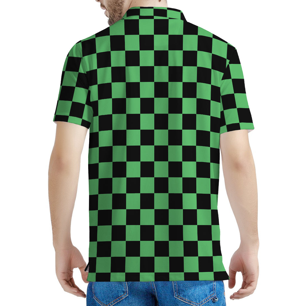 Green And Black Checkered Pattern Print Men's Polo Shirt