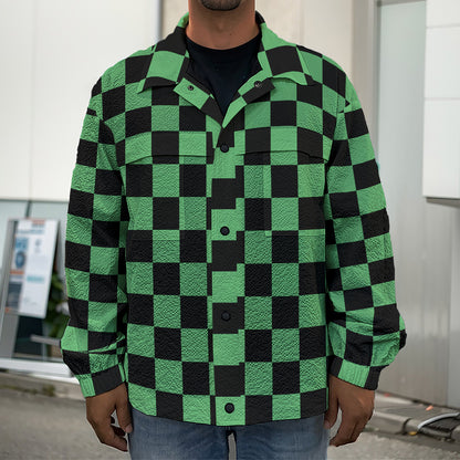 Green And Black Checkered Pattern Print Men's Shirt Jacket