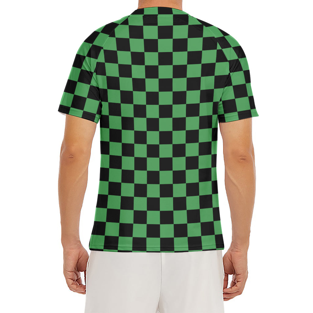 Green And Black Checkered Pattern Print Men's Short Sleeve Rash Guard