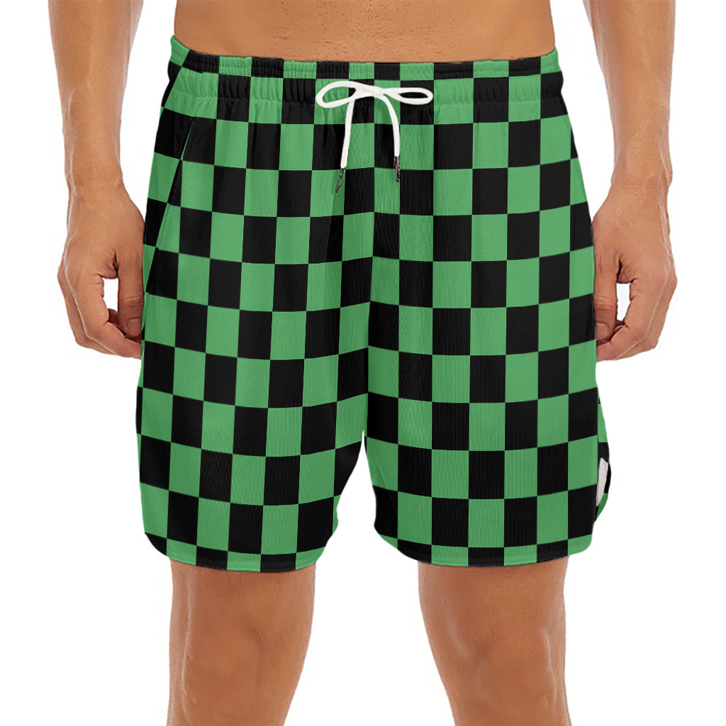 Green And Black Checkered Pattern Print Men's Split Running Shorts
