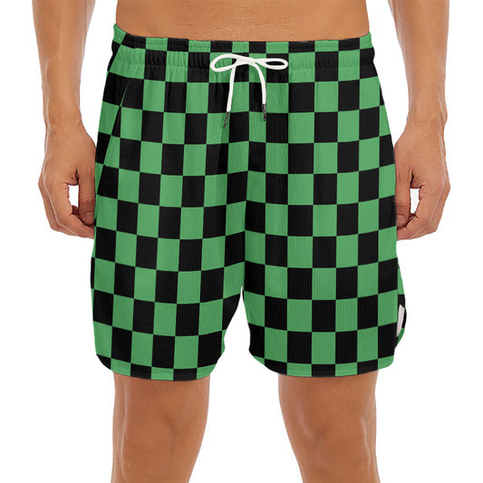 Green And Black Checkered Pattern Print Men's Split Running Shorts