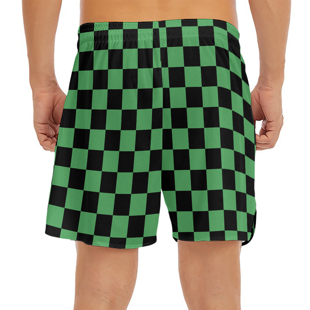 Green And Black Checkered Pattern Print Men's Split Running Shorts
