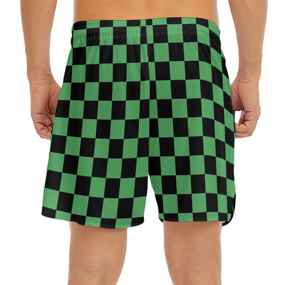 Green And Black Checkered Pattern Print Men's Split Running Shorts