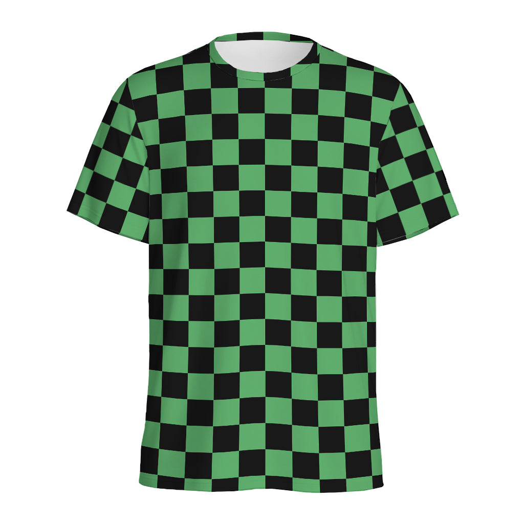 Green And Black Checkered Pattern Print Men's Sports T-Shirt