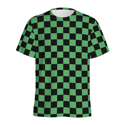 Green And Black Checkered Pattern Print Men's Sports T-Shirt