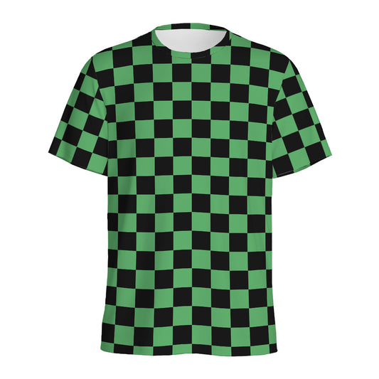 Green And Black Checkered Pattern Print Men's Sports T-Shirt