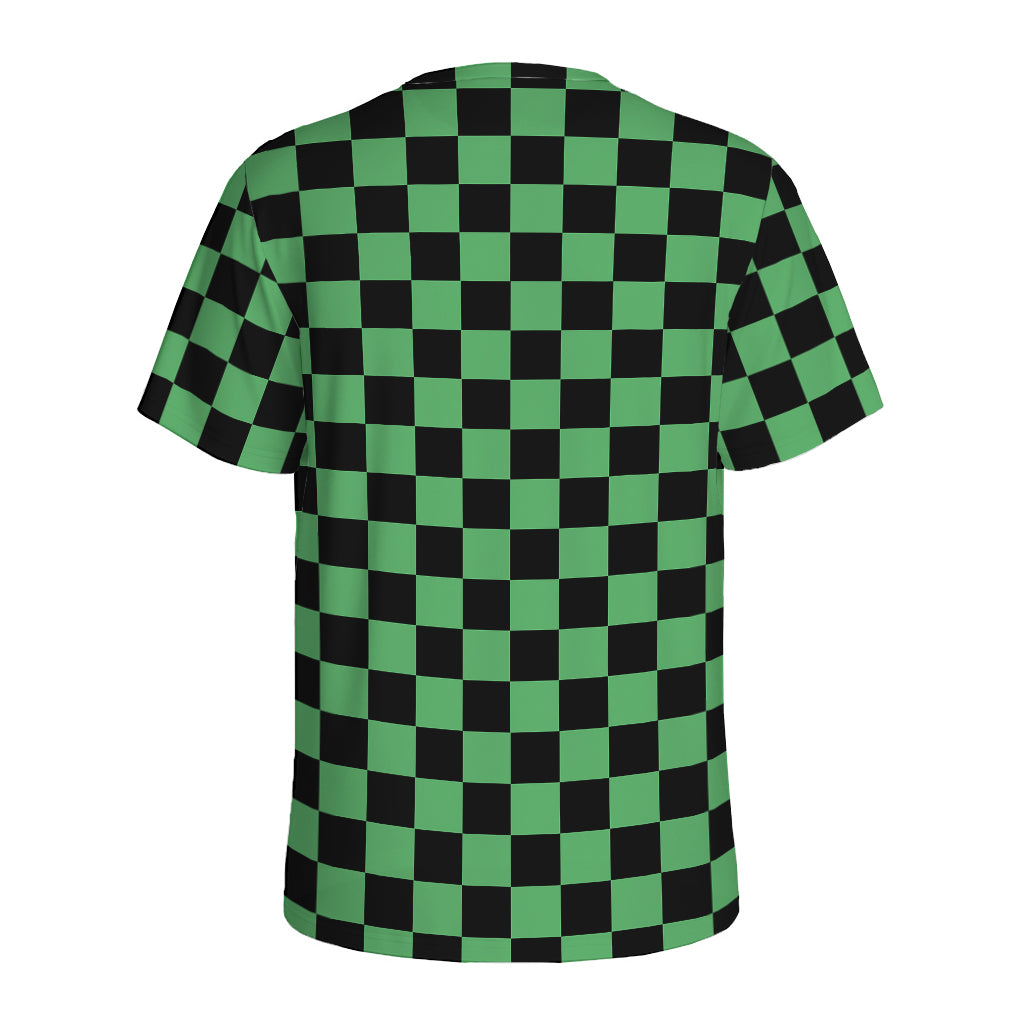 Green And Black Checkered Pattern Print Men's Sports T-Shirt