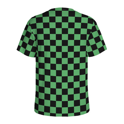 Green And Black Checkered Pattern Print Men's Sports T-Shirt