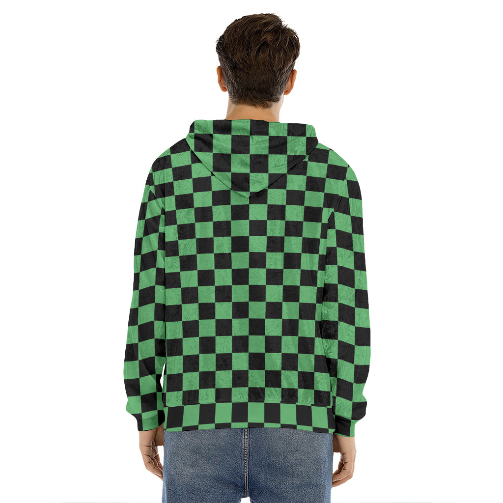 Green And Black Checkered Pattern Print Men's Velvet Pullover Hoodie