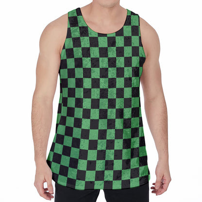 Green And Black Checkered Pattern Print Men's Velvet Tank Top