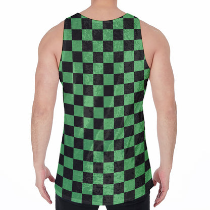 Green And Black Checkered Pattern Print Men's Velvet Tank Top