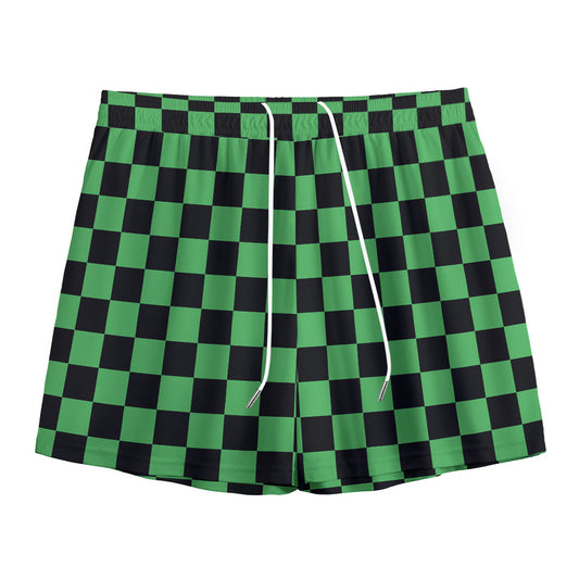 Green And Black Checkered Pattern Print Mesh Shorts