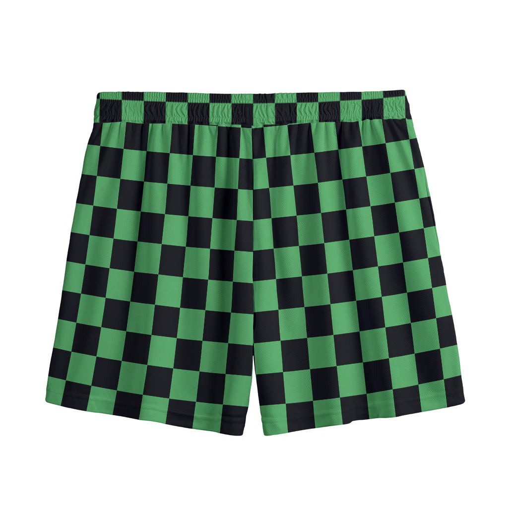 Green And Black Checkered Pattern Print Mesh Shorts