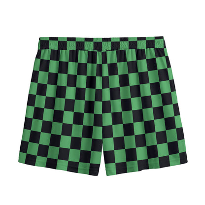 Green And Black Checkered Pattern Print Mesh Shorts