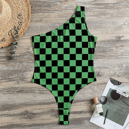 Green And Black Checkered Pattern Print One Shoulder Bodysuit