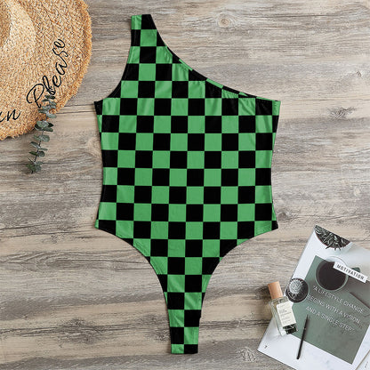 Green And Black Checkered Pattern Print One Shoulder Bodysuit
