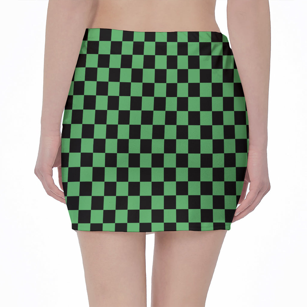 Green And Black Checkered Pattern Print Pencil Mini Skirt
