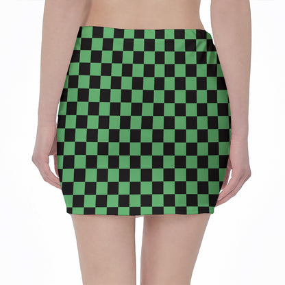 Green And Black Checkered Pattern Print Pencil Mini Skirt