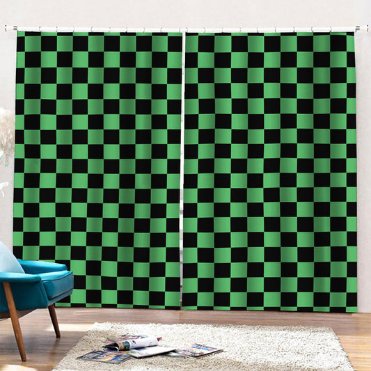 Green And Black Checkered Pattern Print Pencil Pleat Curtains