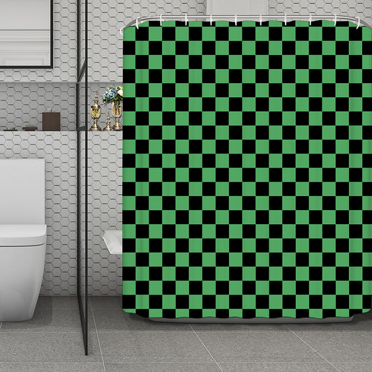 Green And Black Checkered Pattern Print Polyester Shower Curtain