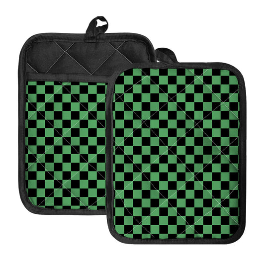 Green And Black Checkered Pattern Print Pot Holders With Pocket