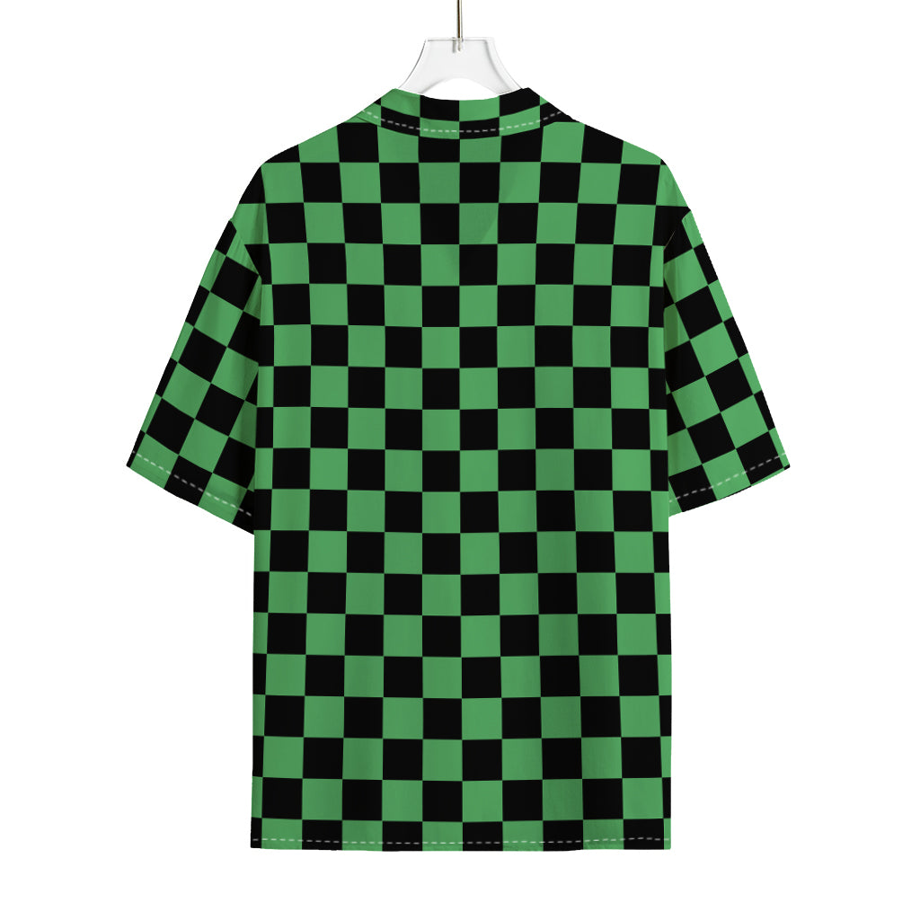 Green And Black Checkered Pattern Print Rayon Hawaiian Shirt