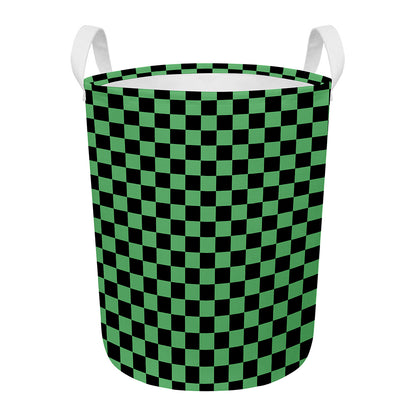 Green And Black Checkered Pattern Print Round Laundry Basket