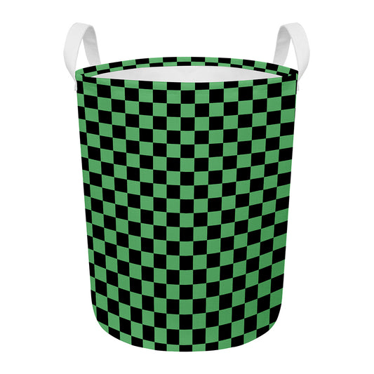 Green And Black Checkered Pattern Print Round Laundry Basket