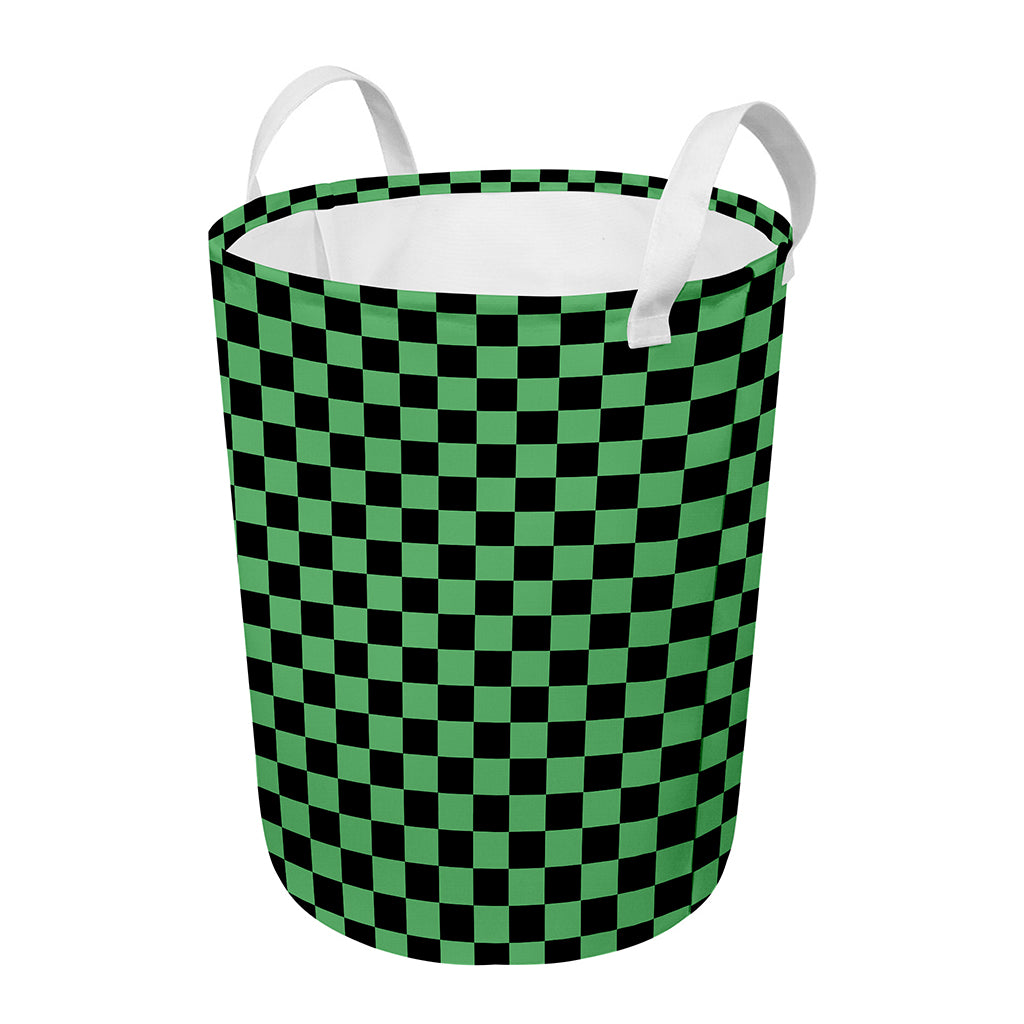 Green And Black Checkered Pattern Print Round Laundry Basket