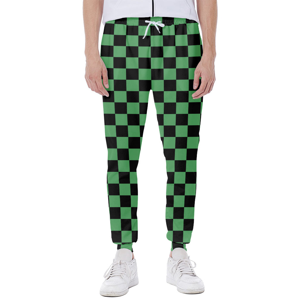 Green And Black Checkered Pattern Print Scuba Joggers