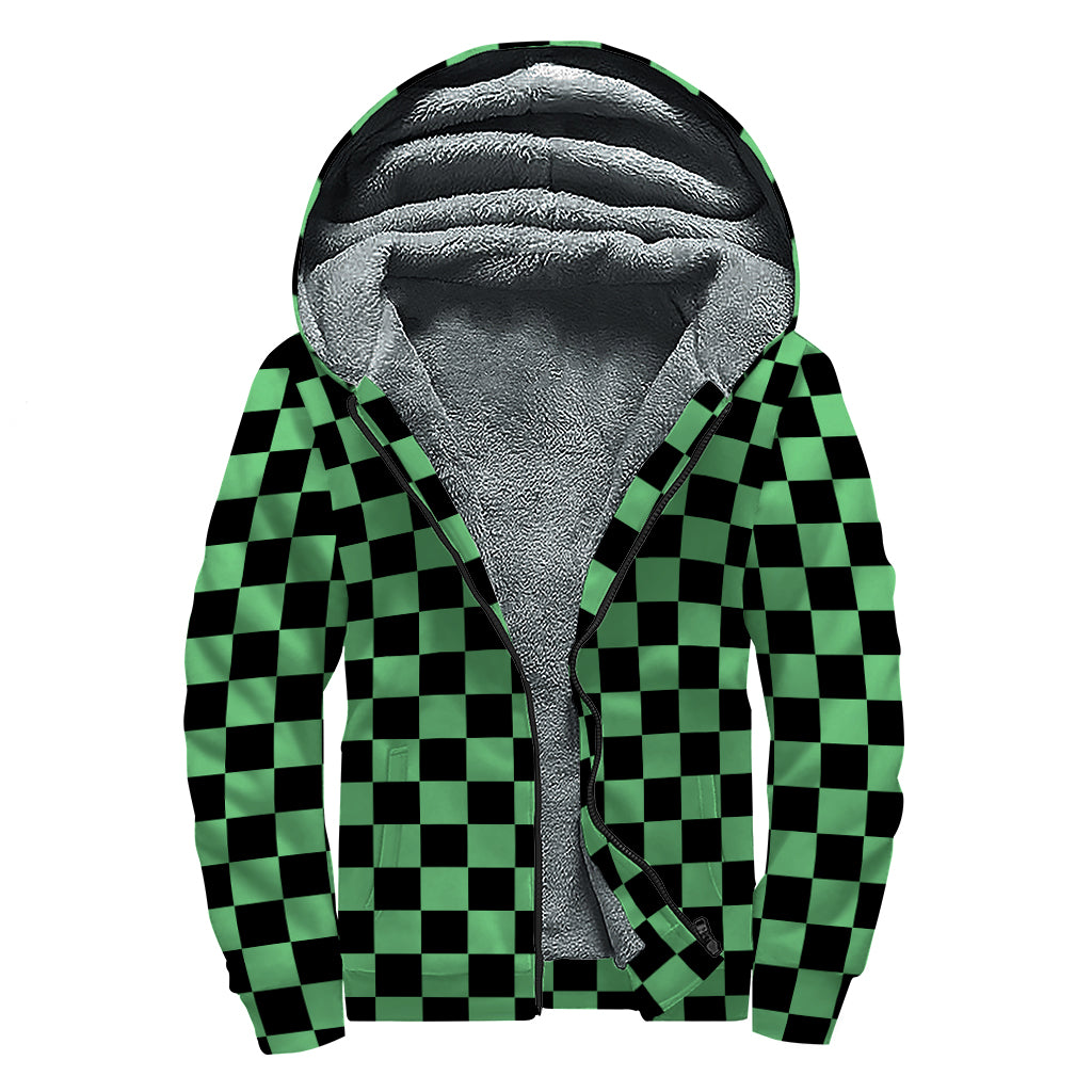 Green And Black Checkered Pattern Print Sherpa Lined Zip Up Hoodie
