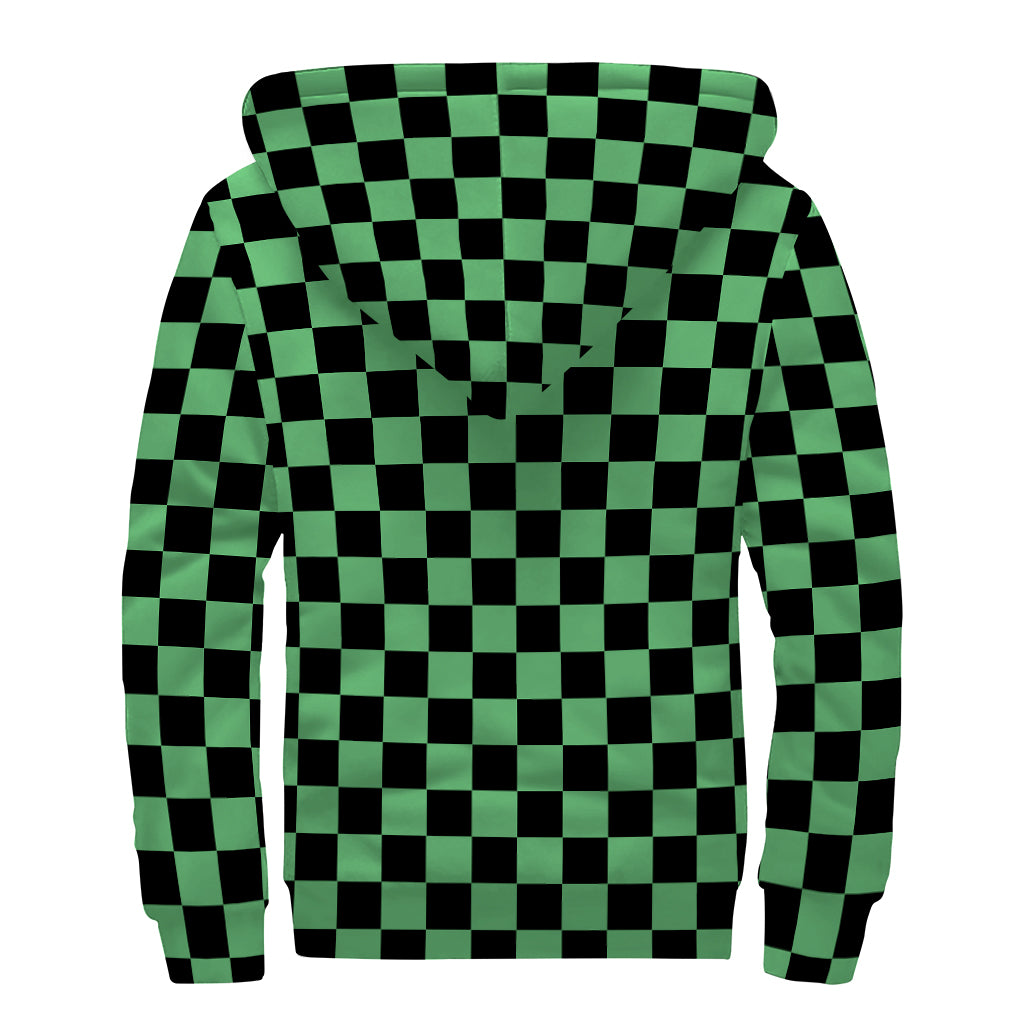 Green And Black Checkered Pattern Print Sherpa Lined Zip Up Hoodie