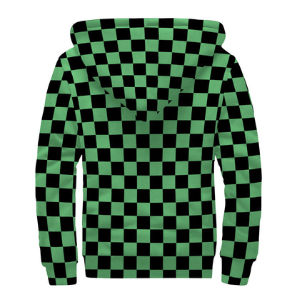 Green And Black Checkered Pattern Print Sherpa Lined Zip Up Hoodie